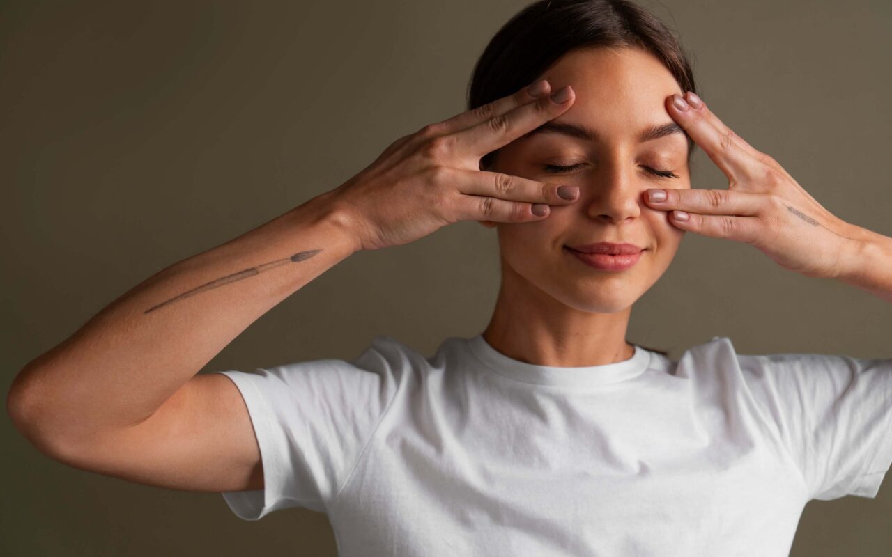 Woman using eye exercises to reduce eye strain